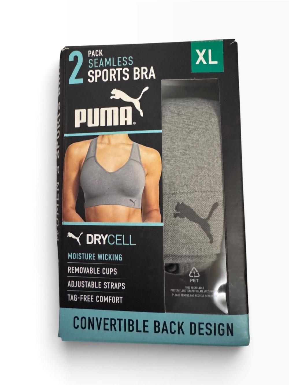 Puma Seamless Sports Bra 2 pack Gray &  Black NIB | XL • Moisture‑Wicking •